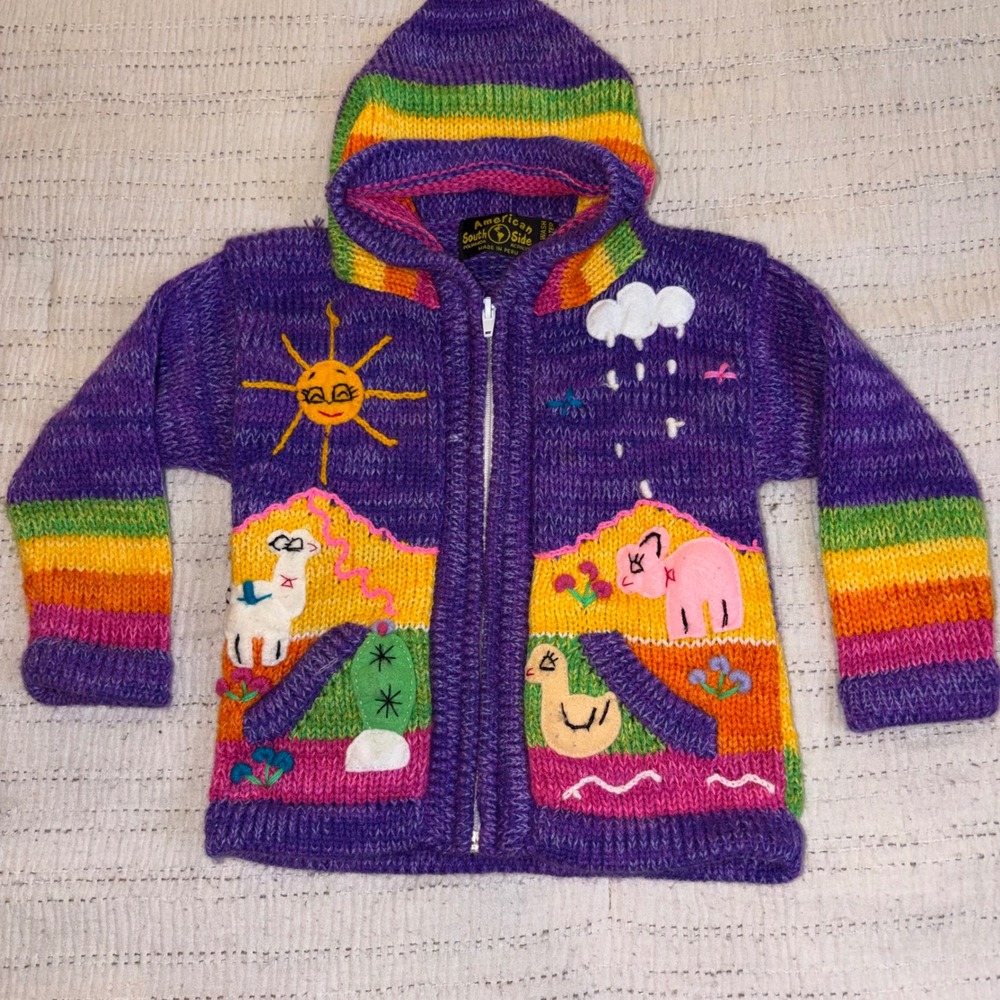 American South Side Kids Knit Hoodie Purple Rainbow Llama Elephant Peru Zip Up